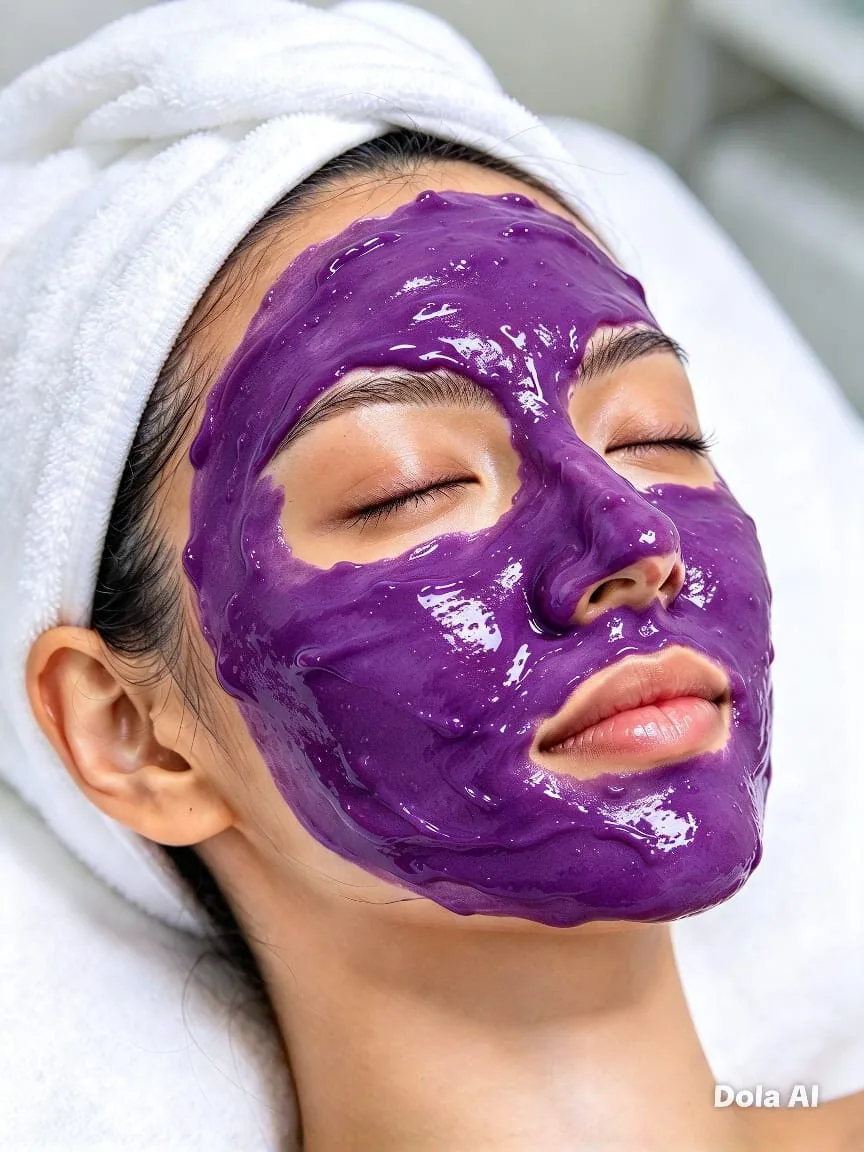 Imagem ilustrativa de mulher com máscara facial roxa